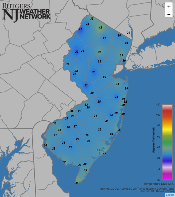 Minimum temperatures on March 22nd at NJWxNet stations