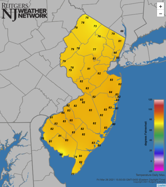 Maximum temperatures on March 26th at NJWxNet stations