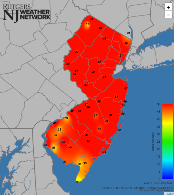 Maximum wind gusts on March 26th as recorded at Rutgers NJ Weather Network stations