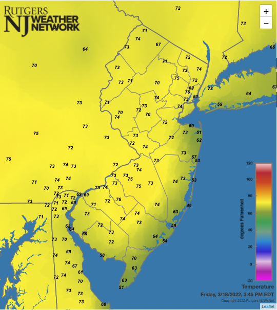 Temperatures across NJ and nearby states at 3:45 PM on March 18th. Observations are from NJWxNet, National Weather Service, and Delaware Environmental Observing System stations.