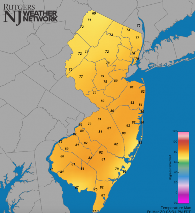 Maximum temperatures at NJWxNet stations on March 20th.