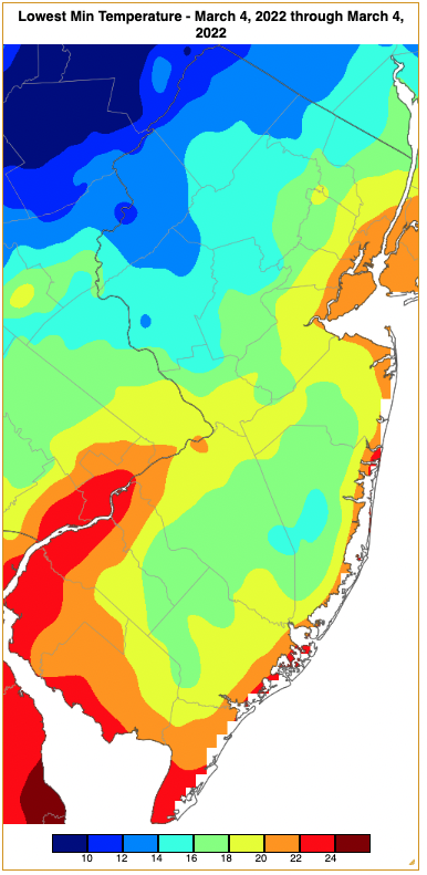 Minimum temperatures on March 4th based on a PRISM (Oregon State University) analysis generated using NWS, NJWxNet, and other professional weather stations.