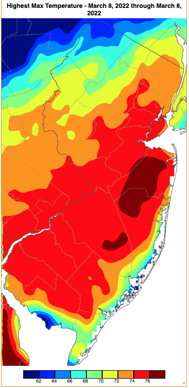 Maximum temperatures on March 7th based on a PRISM (Oregon State University) analysis generated using NWS, NJWxNet, and other professional weather stations.