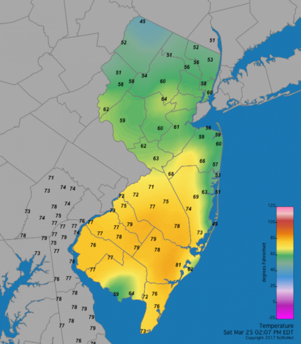 March 25 temperature map