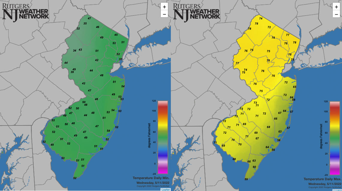 Daily minimum and maximum temperature maps from Rutgers NJ Weather Network stations on May 11th.