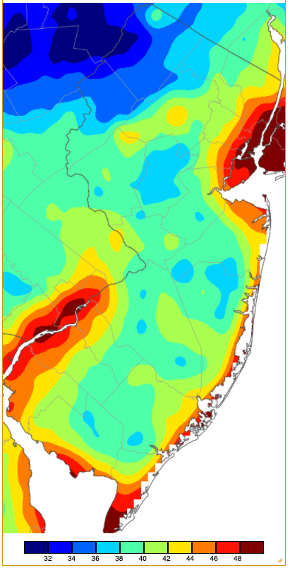 Minimum temperatures on May 13th based on an analysis generated using NWS, NJWxNet, and other professional weather stations