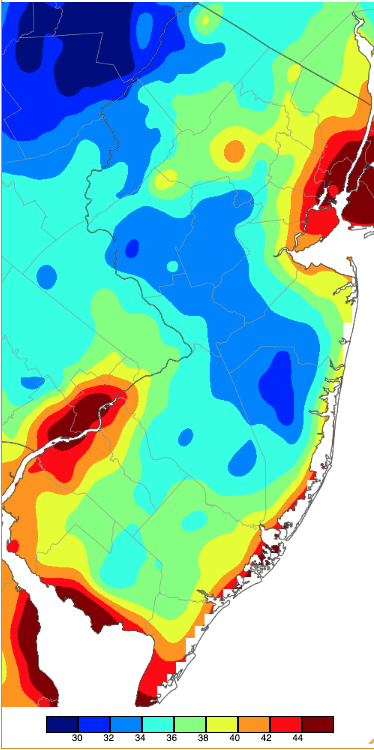 Minimum temperatures on May 1st based on a PRISM (Oregon State University) analysis generated using NWS, NJWxNet, and other professional weather stations.