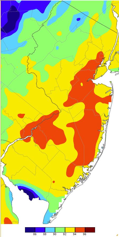 Maximum temperatures on May 31st based on a PRISM (Oregon State University) analysis generated using NWS, NJWxNet, and other professional weather stations.