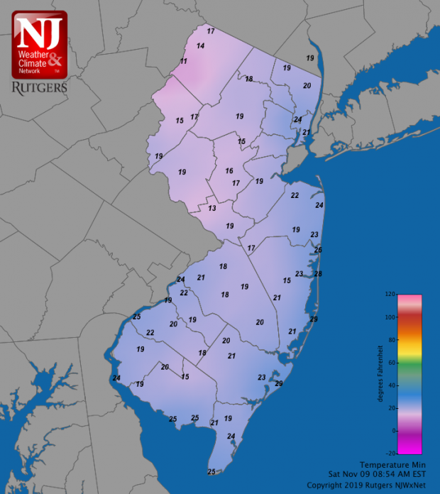 Minimum temperature map at NJWxNet stations on November 9th.