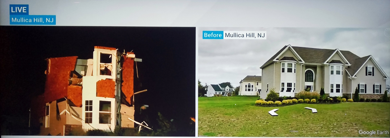 On the left, the remains of a home in the area of Mullica Hill where the EF-3 damage occurred earlier in the evening. The photo on the right shows the home prior to its destruction.