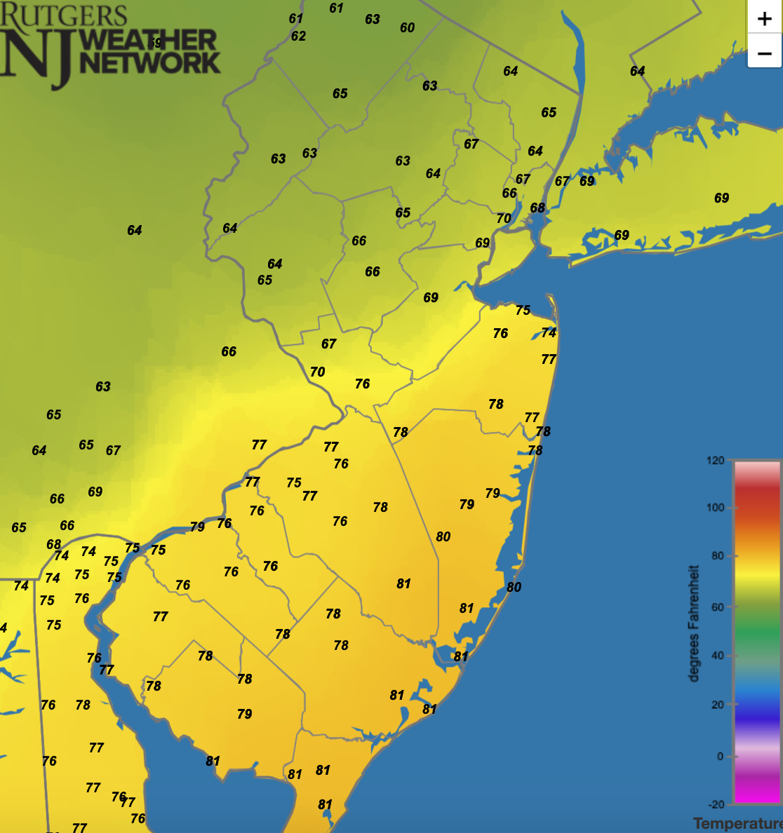 Surface air temperatures at 8:10 PM EDT on September 1st as the low was located directly in the center of the state and the heaviest rains were falling just to the north of the warm front in Somerset County (source: Rutgers NJ Weather Network).