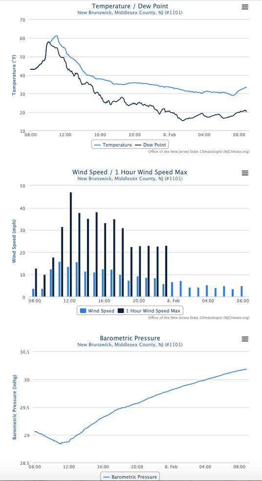 24-hour time series of weather variables at the New Brunswick NJWxNet station between 8AM on February 7th and 8AM on the 8th