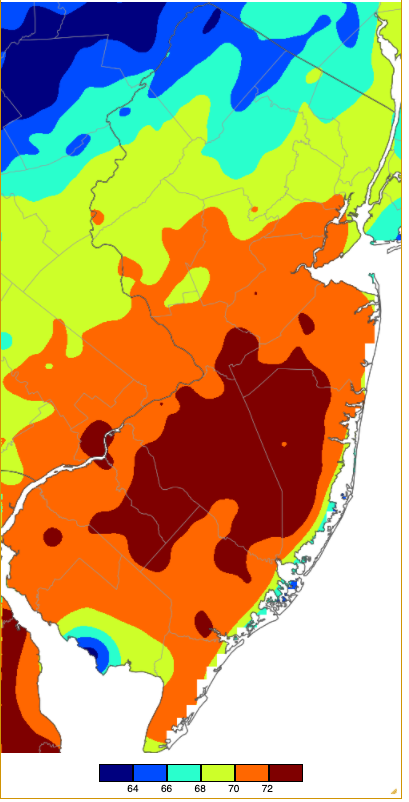 Maximum temperatures on November 18th based on a PRISM (Oregon State University) analysis generated using NWS, NJWxNet, and other professional weather stations.