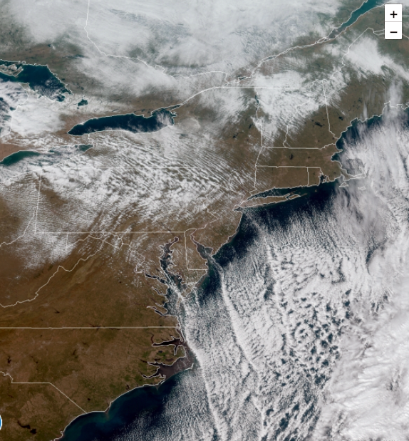 Visible satellite image of the Northeast and Mid-Atlantic at 12:21 PM on November 23rd (courtesy of NOAA).