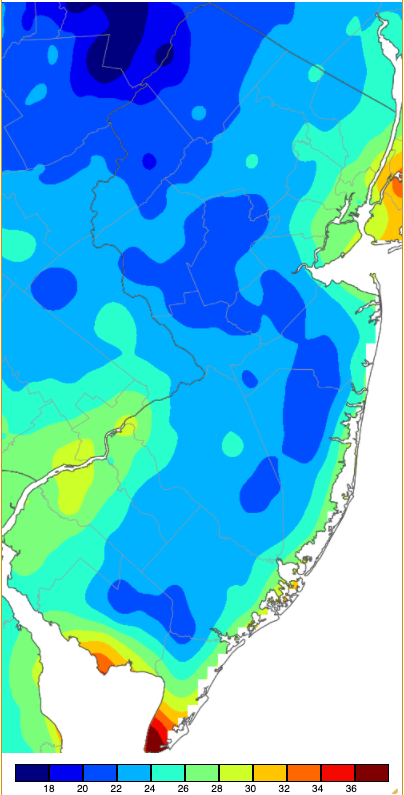 Minimum temperatures on November 30th based on a PRISM (Oregon State University) analysis generated using NWS, NJWxNet, and other professional weather stations. Note the in 2 °F increment scale beneath the map.