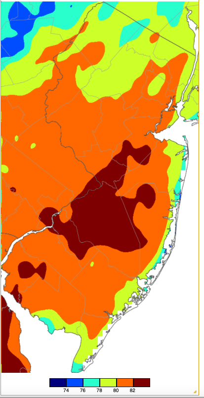 Maximum temperatures on October 15th based on a PRISM (Oregon State University) analysis generated using NWS, NJWxNet, and other professional weather stations.