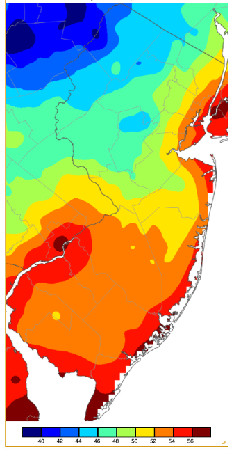 Minimum temperatures on October 19th based on a PRISM (Oregon State University) analysis generated using NWS, NJWxNet, and other professional weather stations. Note the in 2 °F increment scale beneath the map.