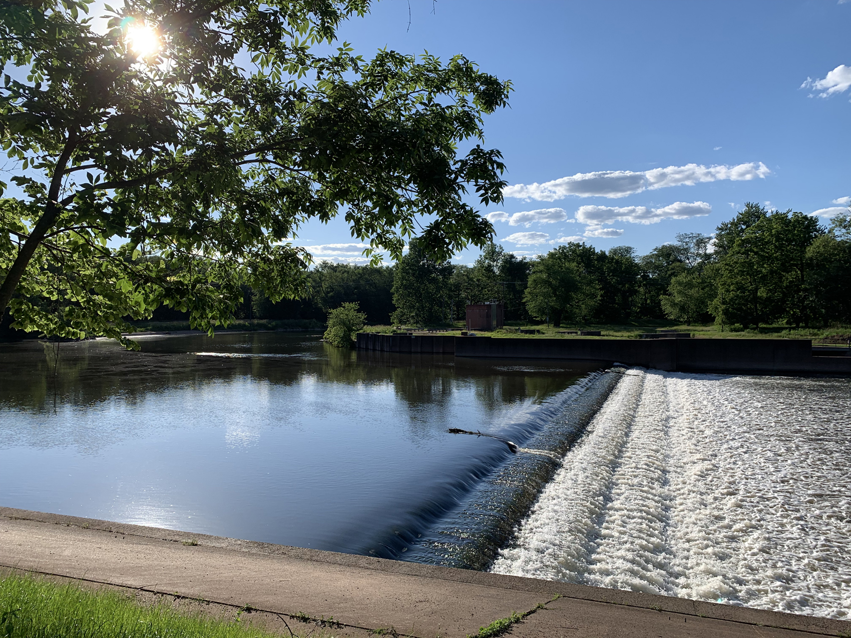 A weir immediately downstream of the confluence of the Raritan and Millstone rivers in Somerset County on June 16th, as taken from the towpath of the Delaware-Raritan Canal