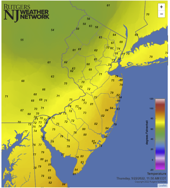 Surface air temperature at 11:50 AM EDT on September 22nd. Observations are from Rutgers NJ Weather Network, National Weather Service airport stations, Shrewsbury Weather Network, and Delaware Environmental Observing System Network.