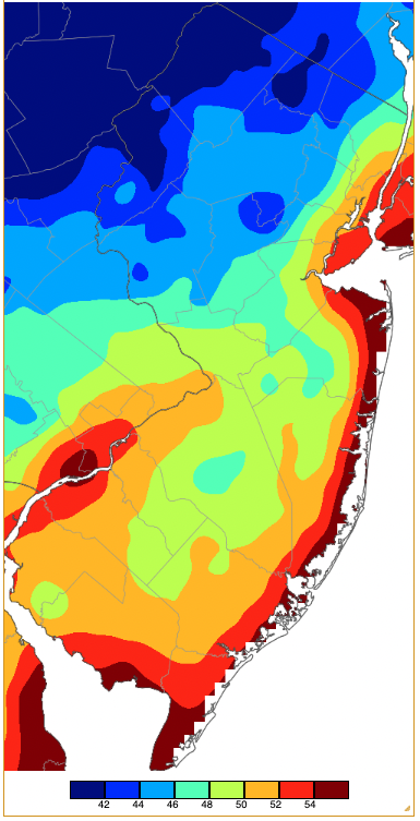 Minimum temperatures on September 30th based on a PRISM (Oregon State University) analysis generated using NWS, NJWxNet, and other professional weather stations.