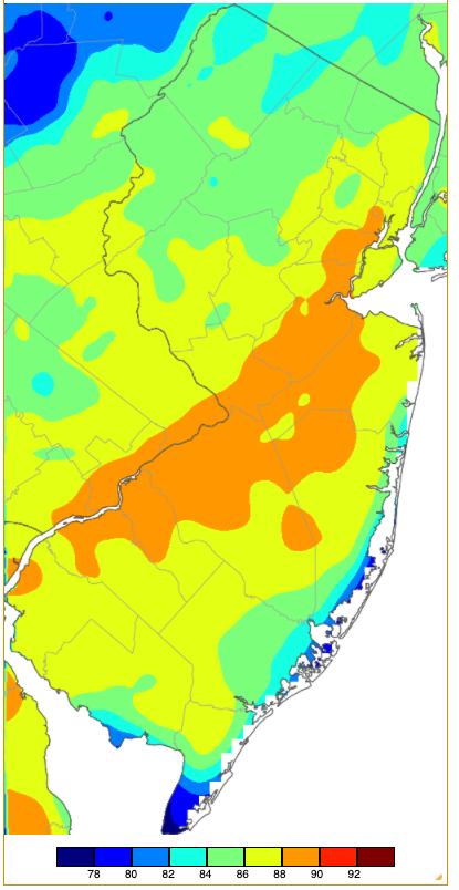 Maximum temperatures on September 15th based on a PRISM (Oregon State University) analysis generated using NWS, NJWxNet, and other professional weather stations.