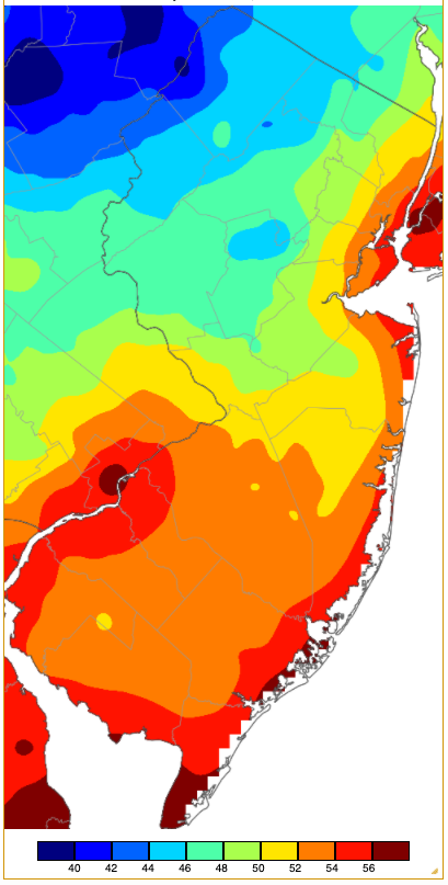 Minimum temperatures on September 29th based on a PRISM (Oregon State University) analysis generated using NWS, NJWxNet, and other professional weather stations.