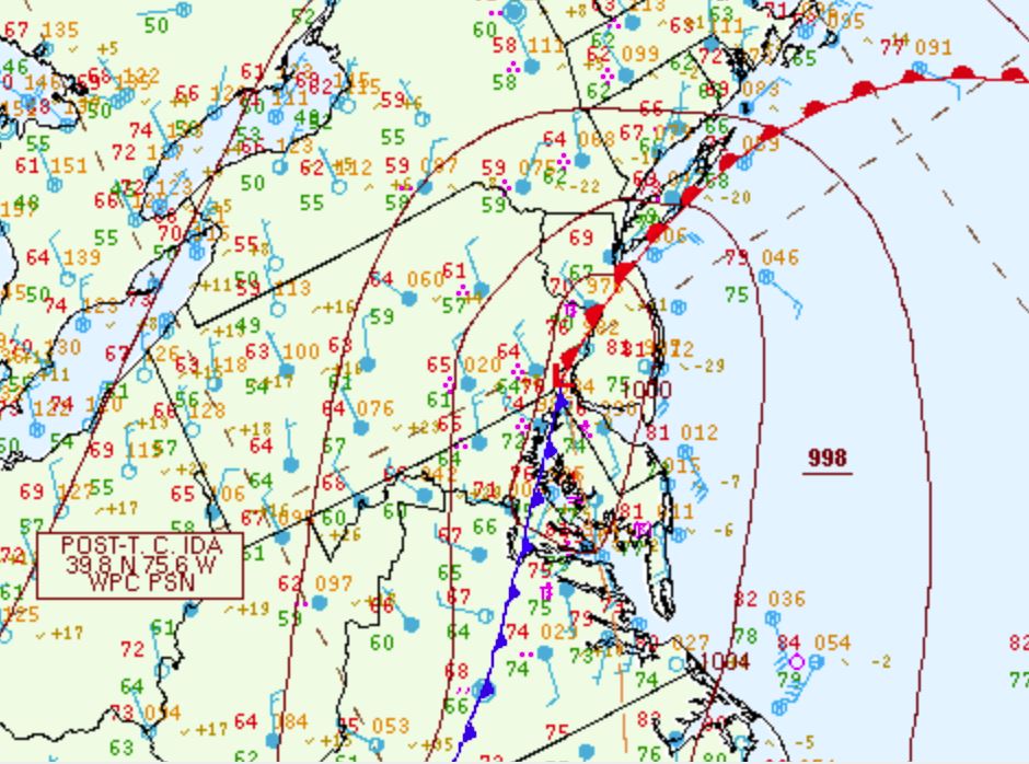 The location of the subtropical low (Ida remnants; red L) in the early evening of the 1st (00Z, 8:00 PM EDT). The associated warm front is in red and cold front is blue.