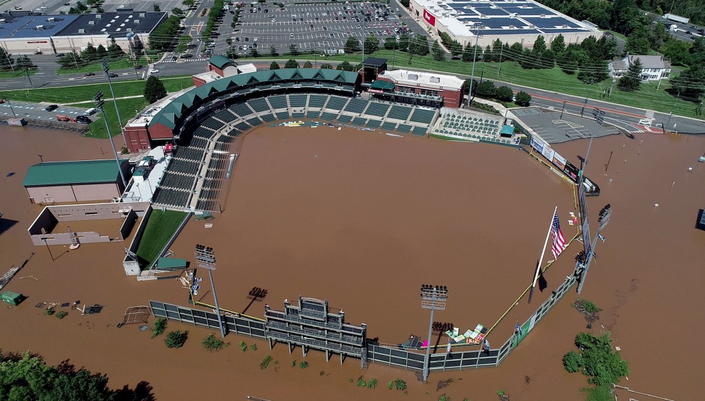 A flooded TD Bank Ballpark in Bridgewater (Somerset County) on September 2nd following the staggering rainfall caused by the remnants of Ida. Photo by Thomas P. Costello and Tariq Zehawi/USA Today Network.