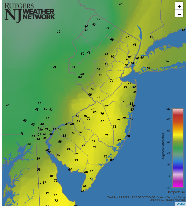 Air temperatures at 2:00 PM on April 21st at NJWxNet stations