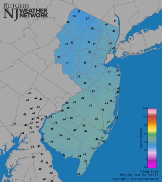 NJ temperature map at 1:57 PM on January 13th