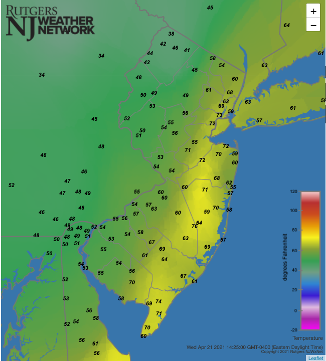 Air temperatures at 2:25 PM on April 21st at NJWxNet stations