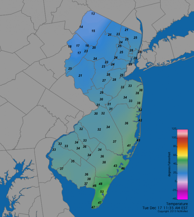 Temperatures across NJ at 11:35 AM, December 17, 2013.