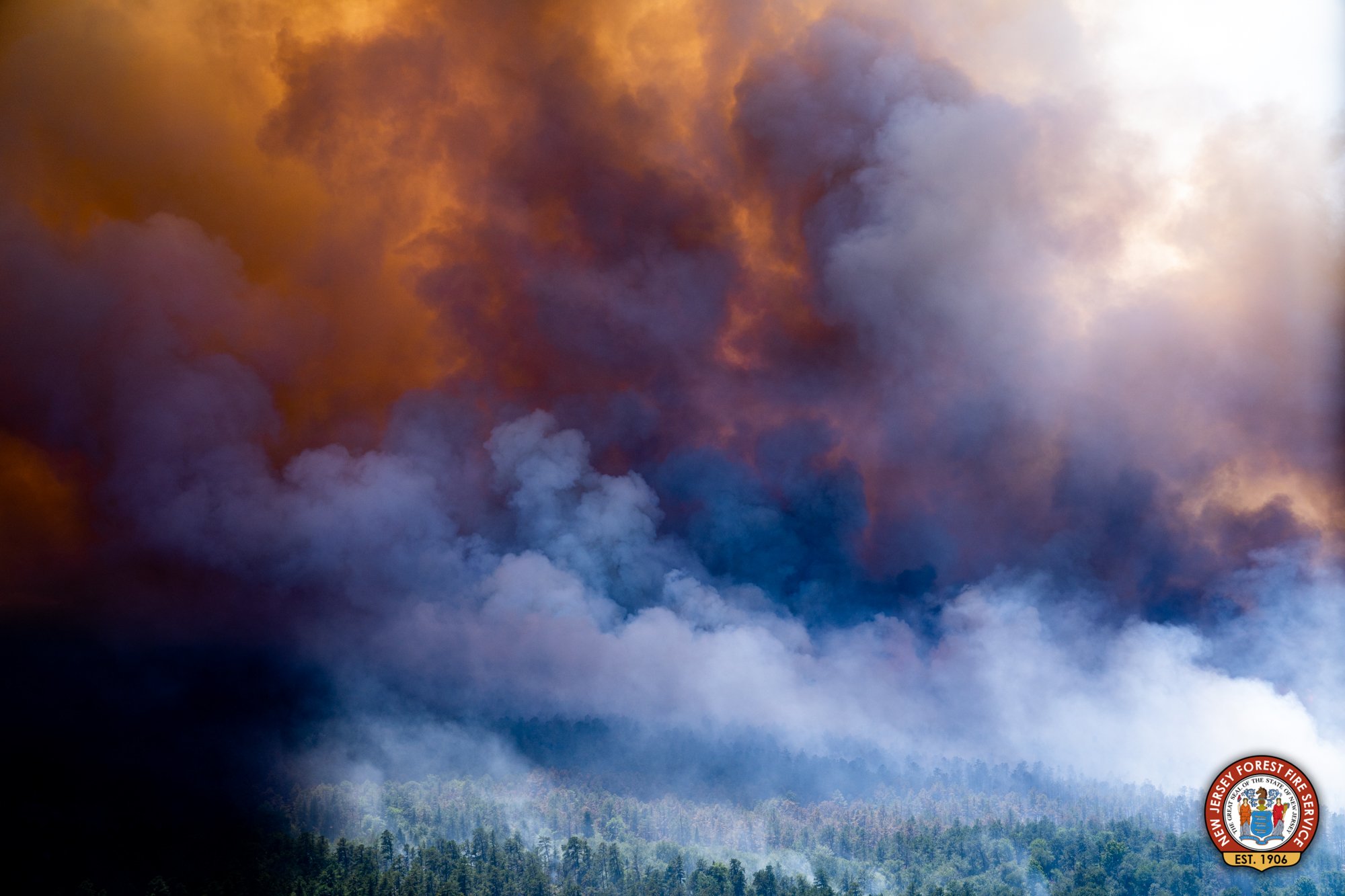 Smoke billows from a large wildfire in the Wharton State Forest around June 20th. Photo from the New Jersey Forest Fire Service.