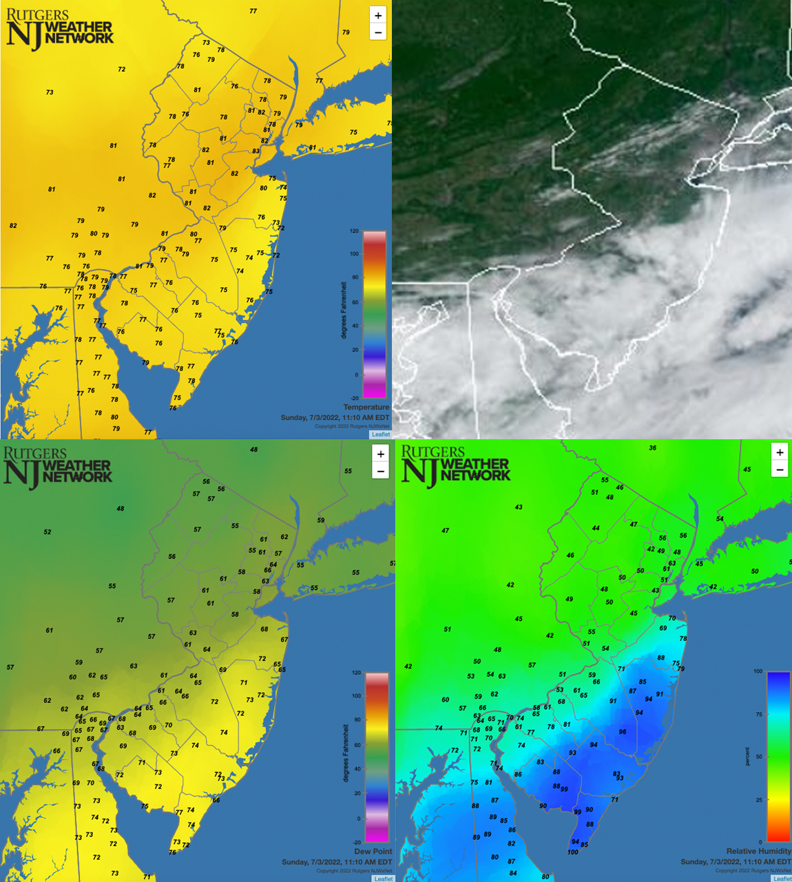 Map showing conditions across the region at 11:20 AM on July 3rd, including temperatures, cloud cover, dew point, and relative humidity.