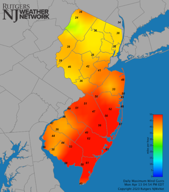 Maximum wind gust map on April 13th