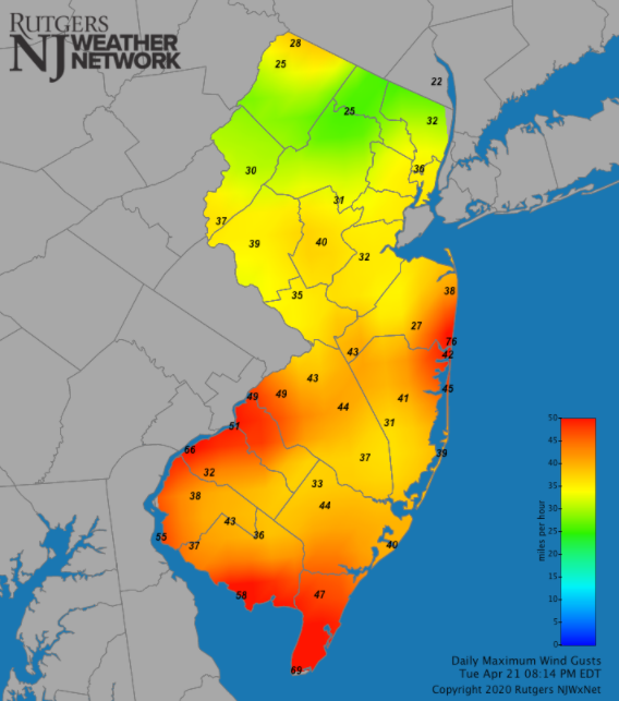 Maximum wind gust map on April 21st