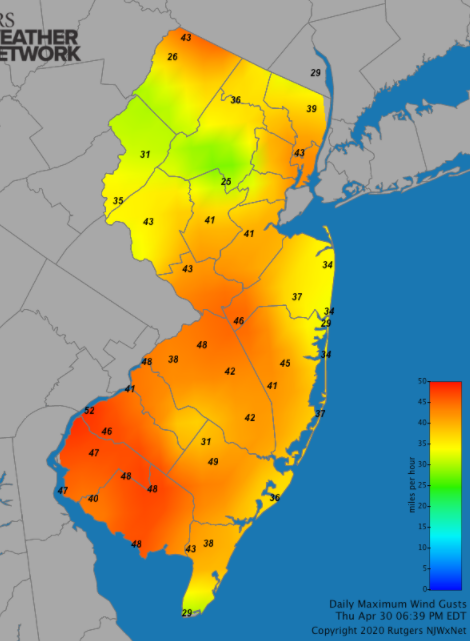 Maximum wind gust map on April 30th