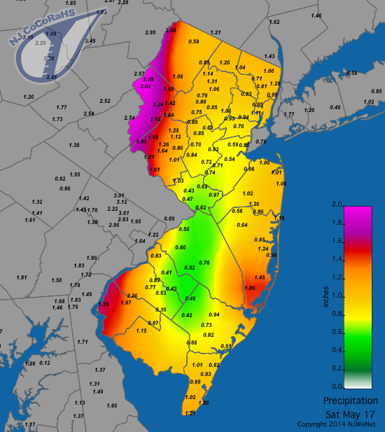 Rainfall totals from the morning of May 16 to the morning of May 17 based on 199 NJ CoCoRaHS observations.