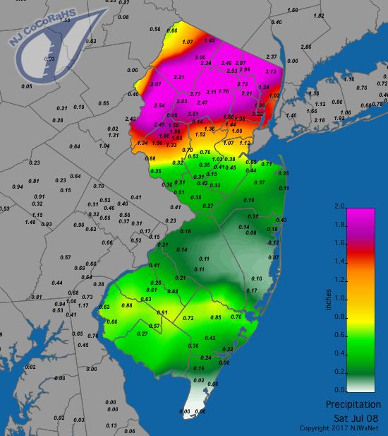 Rainfall map from the morning of July 7th to morning of July 8th.