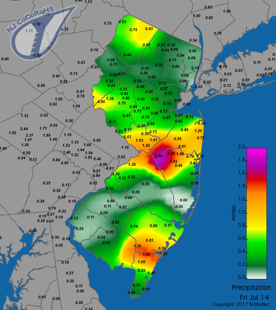 Rainfall map from the morning of July 13th to morning of July 14th.