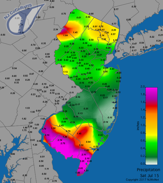 Rainfall map from the morning of July 14th to morning of July 15th.