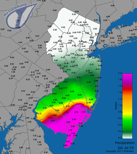 Rainfall map from the morning of July 28th to morning of July 29th.