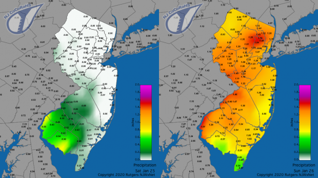 Precipitation map for January 25th on left and January 26th on right