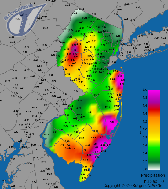 CoCoRaHS precipitation map for the 24 hours ending on the morning of September 10th