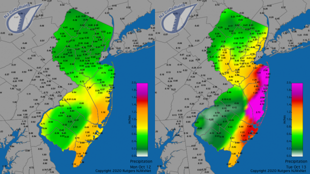 CoCoRaHS precipitation map for the 24 hours ending on the morning of October 12th and October 13th