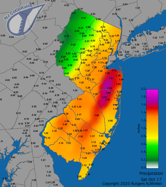 CoCoRaHS precipitation map for the 24 hours ending on the morning of October 17th