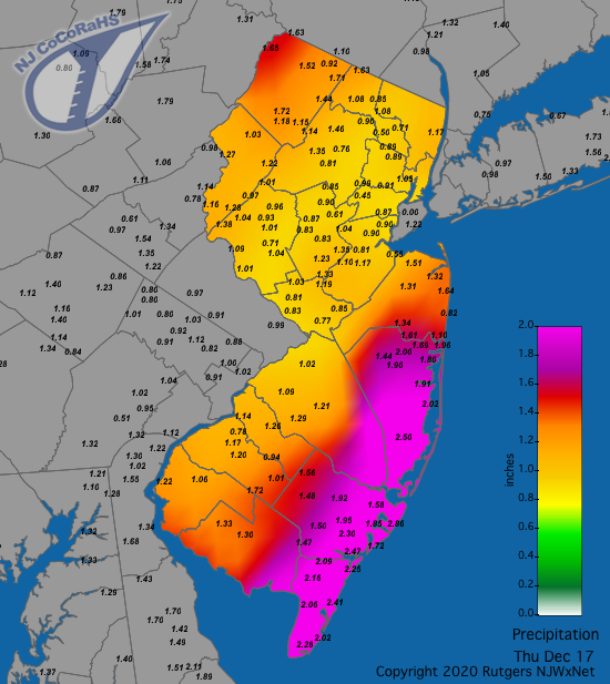 CoCoRaHS precipitation map for the 24 hours ending on the morning of December 17th