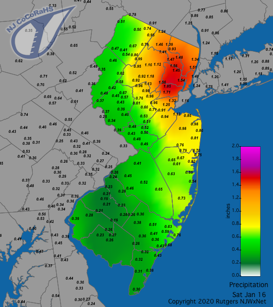 CoCoRaHS precipitation map for the 24 hours ending on the morning of January 16th