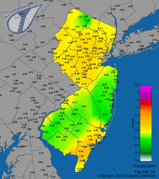 CoCoRaHS precipitation map for the 24 hours ending on the morning of February 16th
