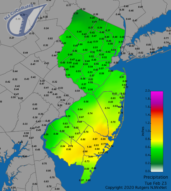 CoCoRaHS precipitation map for the 24 hours ending on the morning of February 23rd
